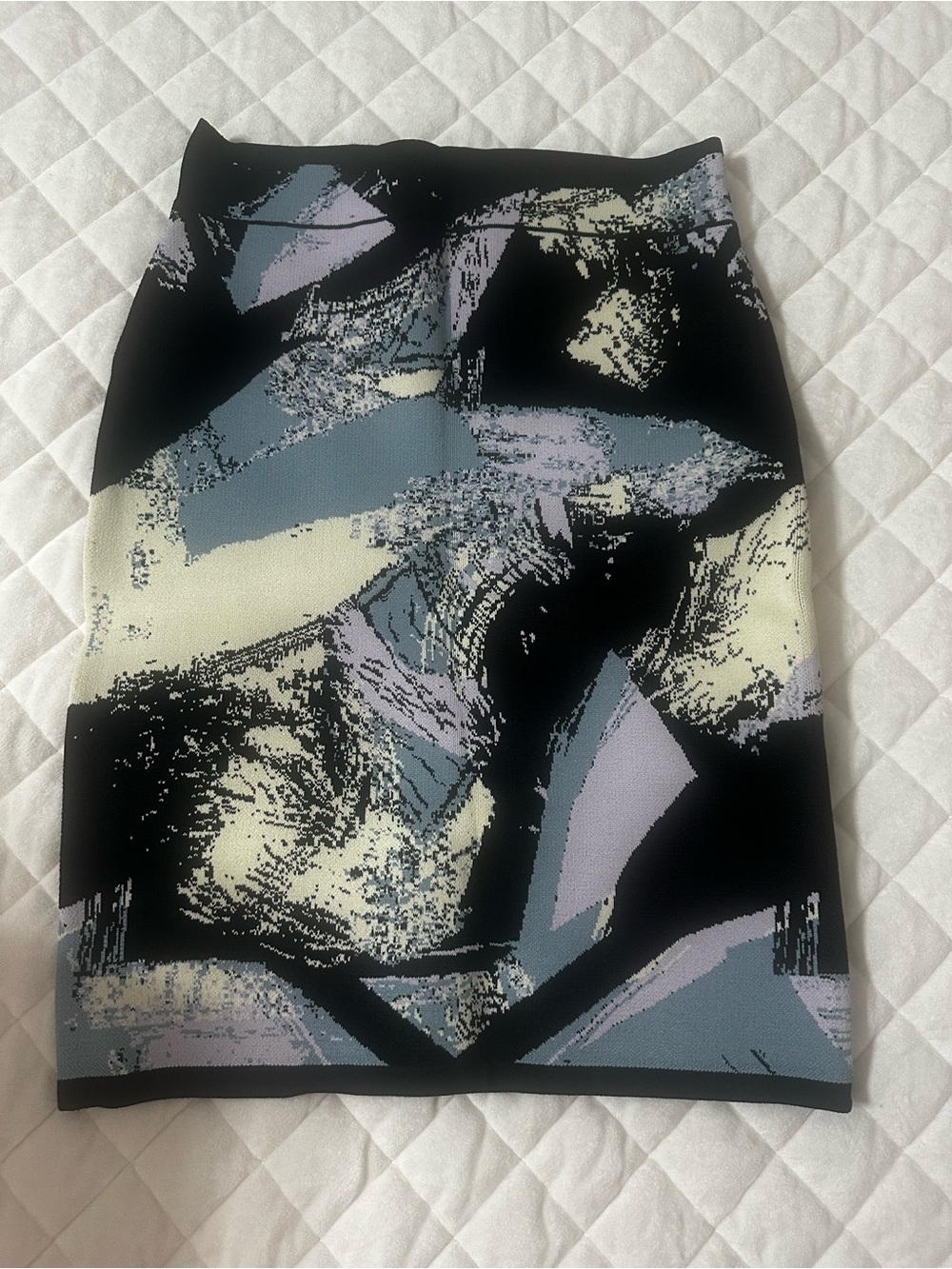 BCBGMaxAzria Black Pencil Skirt with Cream, Blue, and Lavender Abstract Print